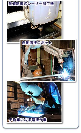 数値制御式レーザー加工機/自動溶接ロボット/手作業による溶接作業